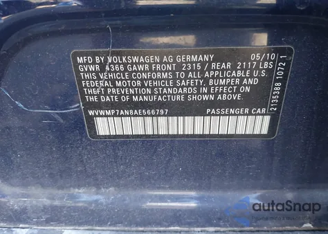 2010 Volkswagen Cc Sport z USA, uszkodzony, nr VIN WVWMP7AN8AE566797